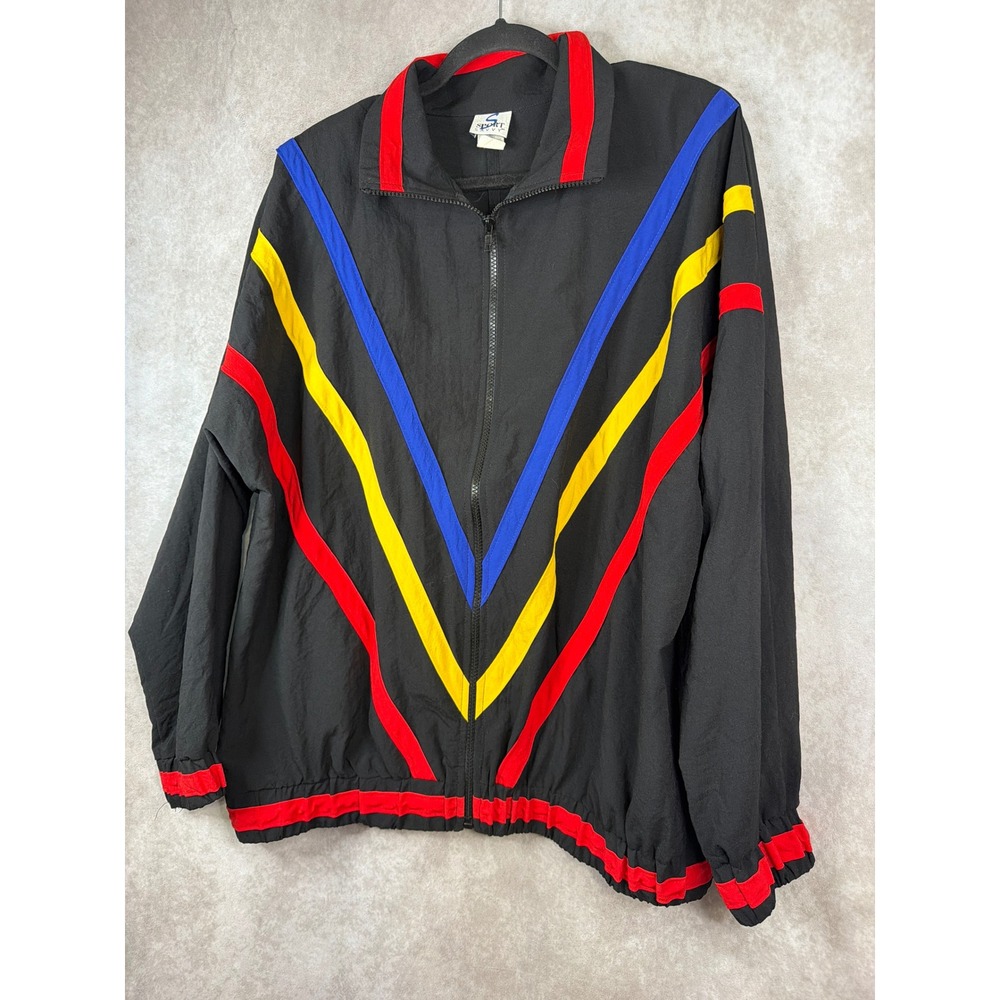 VTG 90s Sport Savvy Black Track Jacket Bold Colorblock Stripes Women's Large - Picture 2 of 6
